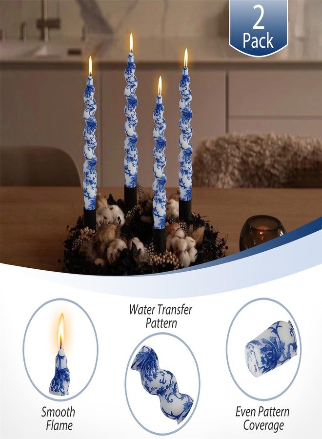Gedengni Floral Taper Candles Spiral Candlesticks - Set of 2 Blue and White Chinoiserie Twisted Candle Short Candle Sticks Print Tapered Candles for Home Party Wedding Dinner Party (2D2T-BLUWHT) - Image 4